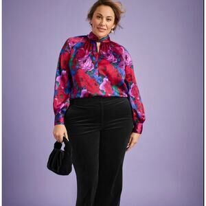 Talbots Twist Neck Soft Satin Charmeuse Top Wrapped Floral Blouse Size Plus 1X